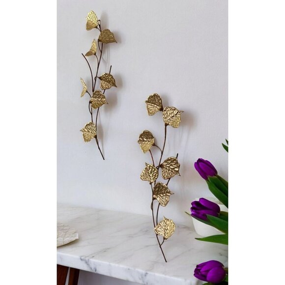 Vintage Pair Brass Gold & Copper Leaves Wall Art Decor - Picture 4 of 6